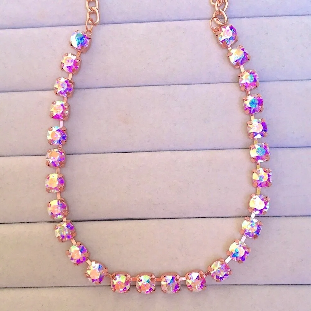 Aurora Borealis + Rose Gold Crystal Tennis Statement Necklace